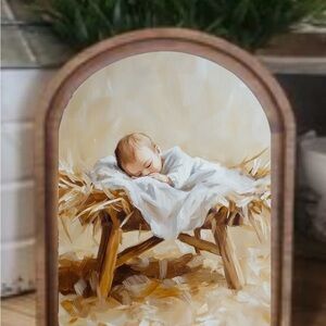 Sleeping Baby Jesus with Arch Top Wood Frame